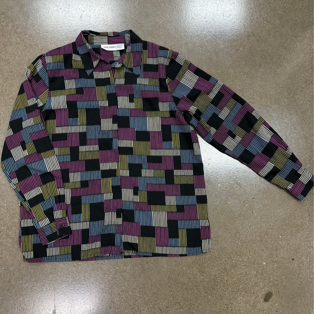 Alfred Dunner Womens 12 Blouse Geometric Block Stripe Button Up Multicolor Retro